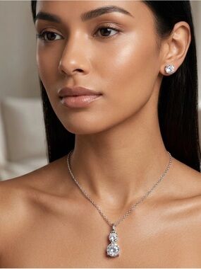 Swarovski Crystal Elements Double Stone Necklace & Earring Set Silver Overlay